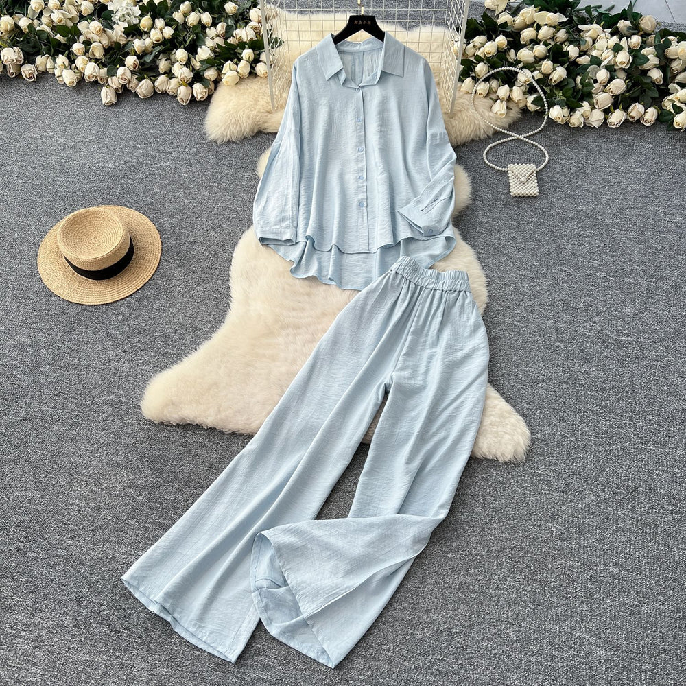 Casual fashionablesuit women's lazy style sense of designasymmetricallong sleevesshirthigh waistloose pantsstraight-leg pantstwo-piece set