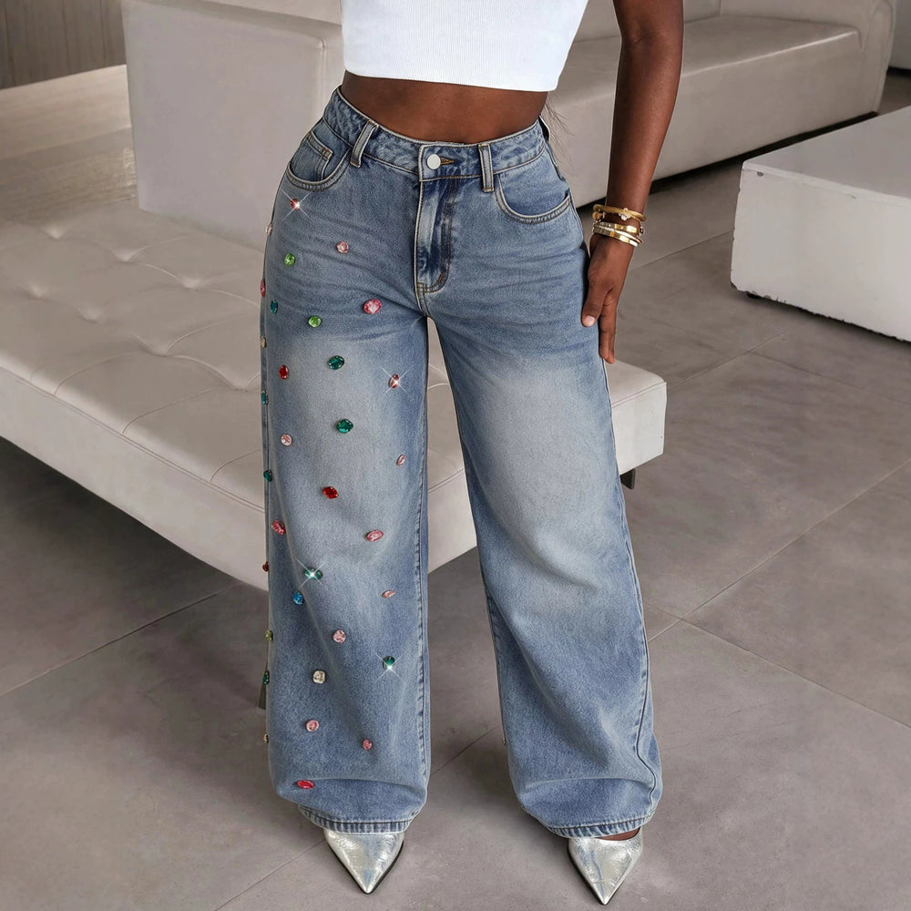 Fashionjeans women's high waist washed hot diamond wide leg mop pants export hot girl heavy industry sparkling diamond denim pants
