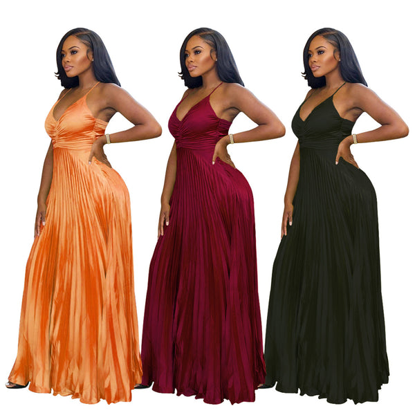 K10765 factory direct sales European and American women's clothing  popular party dress skirt simulation silk pleated dress new