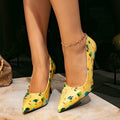 Huizhou city aliexpress women's high heels - fashionable yellow printed pointed-toe stiletto heel pumps