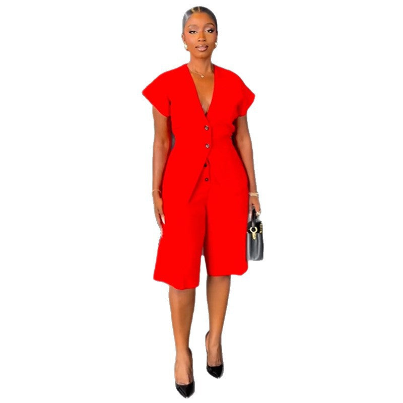 European and american cross-border women's fashion  autumn/winter new arrival: elegant v-neck sleeveless vest top and wide-leg cropped pants two-piece set