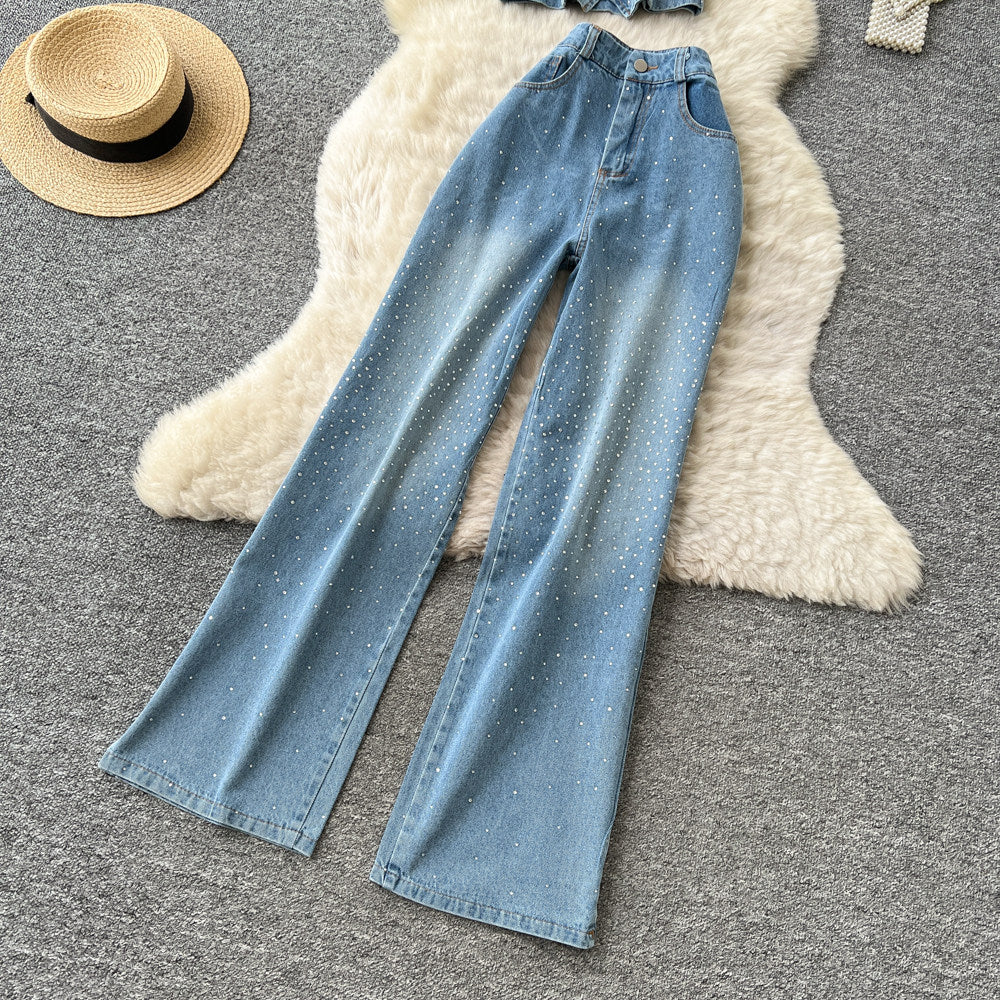 European and american hot girl style sleeveless slim-fit denim set - women's summer halter top and high-waisted slimming two-piece outfit