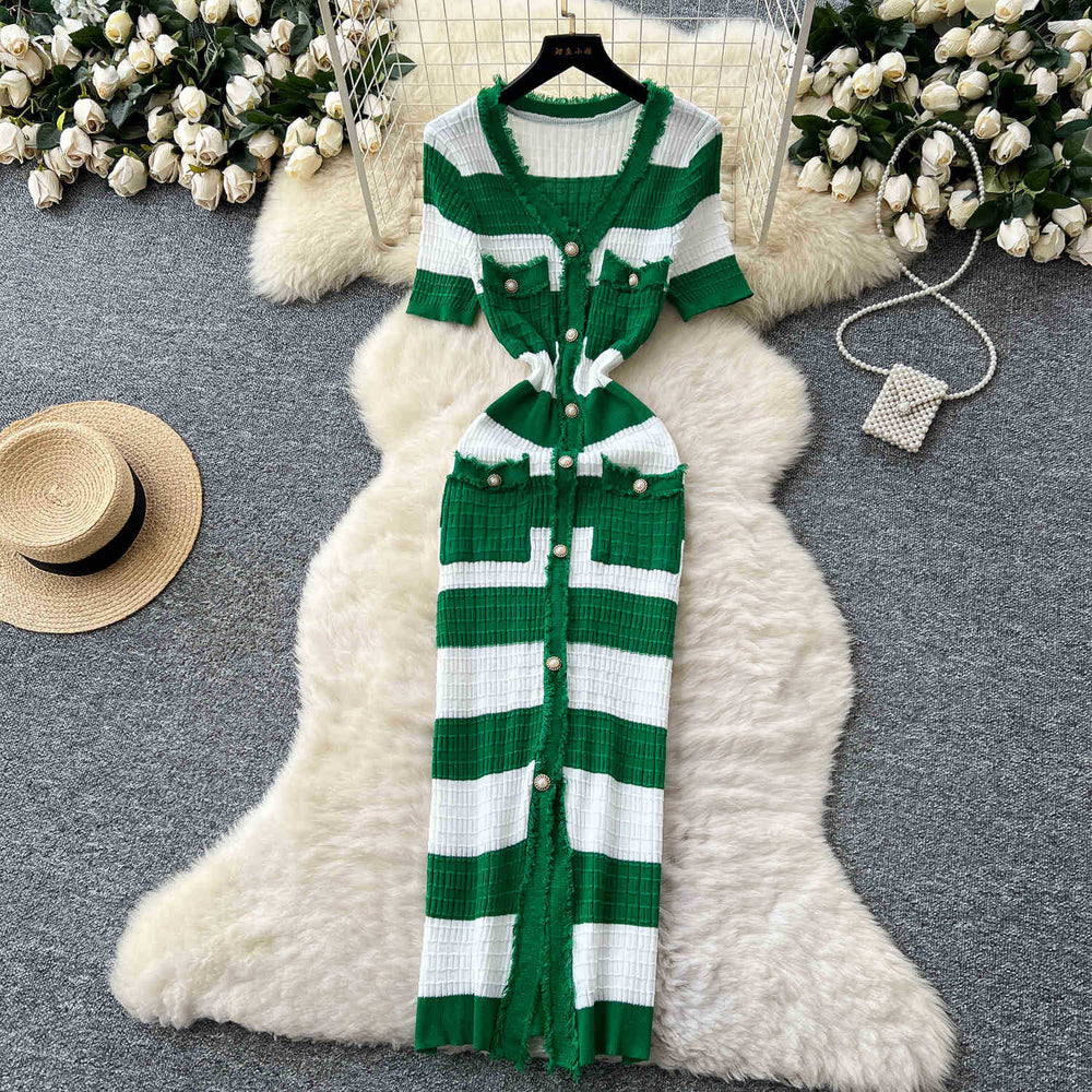Xiaoxiangfengclassy raw edge v neck short-sleeved knittingdress women's summer waist single-breasted silm long skirt