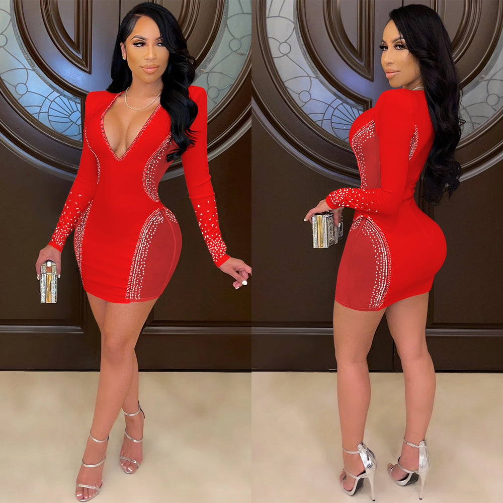 X5337 european and american fashion new arrivals   sexy deep v nightclub party dress rhinestone hotfix see-through midi dress