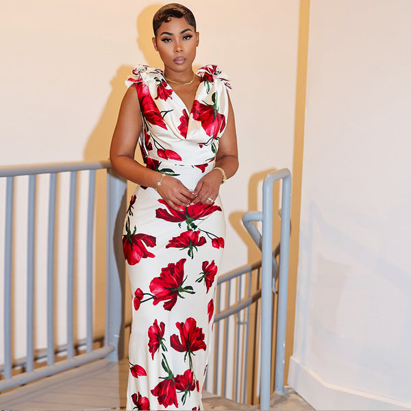 European and American  women's clothing backless pleated temperament long dress fashion printing elegant mid-waist slim-fit hip-wrap skirt