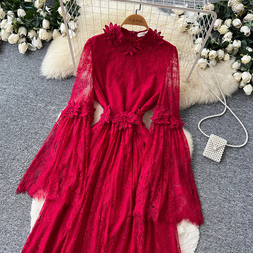 French romantic red lace dress - women's long sleeve a-line maxi dress - elegant, slimming, and flowy