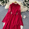 French romantic red lace dress - women's long sleeve a-line maxi dress - elegant, slimming, and flowy