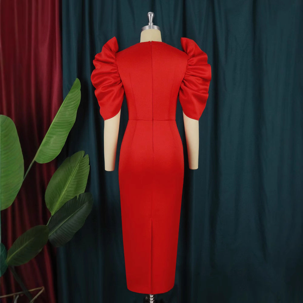 Summer plus size cutout pleated solid color high waist evening party dress women's party dress
