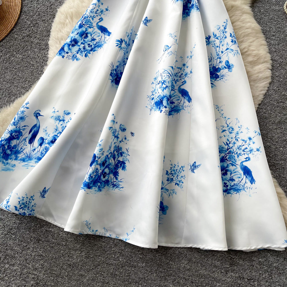 Blue and white porcelain style sleeveless floral print dress - women's summer v-neck, slimming, elegant maxi dress for work and casual wear