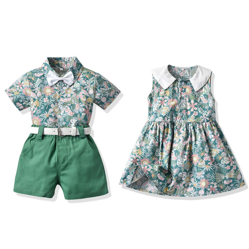 Brother and sister wear export spring and summer new arrival children's clothing boys short-sleeved shorts suspender suit girls floral skirt wholesale