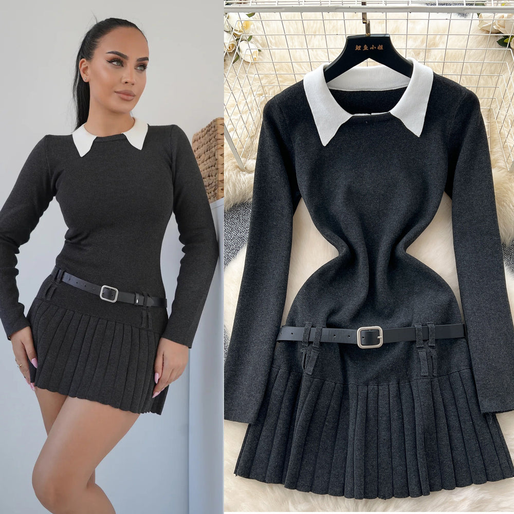 Preppy style retrosense of designfake two-piece knittingdressfemalefall and wintermatching belt silmpleated skirt
