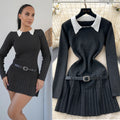 Preppy style retrosense of designfake two-piece knittingdressfemalefall and wintermatching belt silmpleated skirt