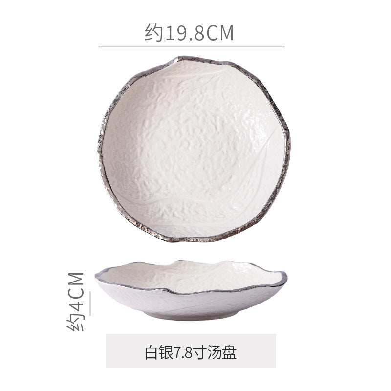 Luxury retro-style irregular ceramic dinnerware set with embossed gold trim – perfect for home, restaurant, and hotel table settings