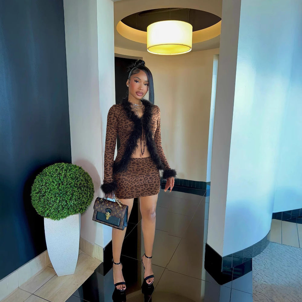Cross-border fashion and sexy new products, fluffy splicing lace-up cardigan, long-sleeved top, leopard print skirt set, two-piece set.