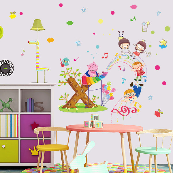 Cartoon music hippo paradise wall sticker children's room kindergarten background decoration removable self-adhesive sticker XL8216