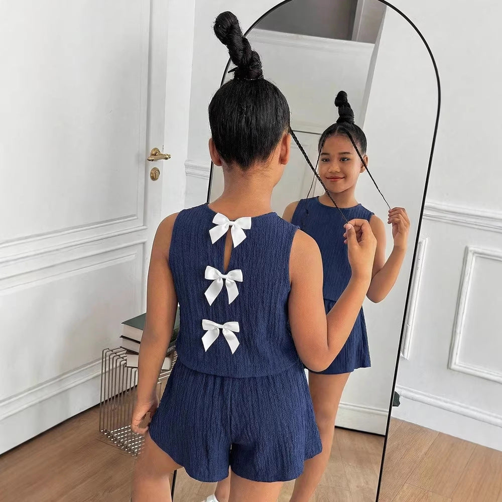 Girls' navy blue sweet sleeveless top with textured detail and back bow + shorts two-piece set