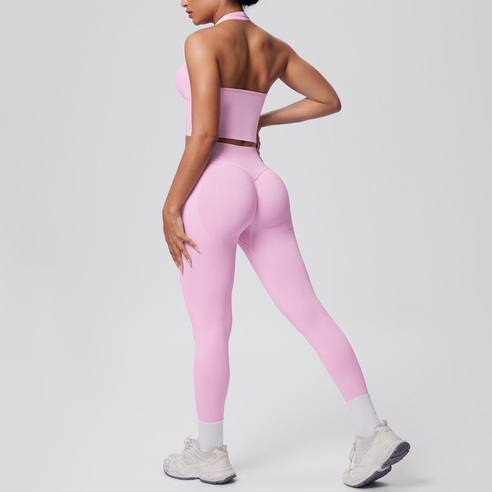 fashion seamless halter neck back yoga suit running sports fitness yoga suit two-piece set for women