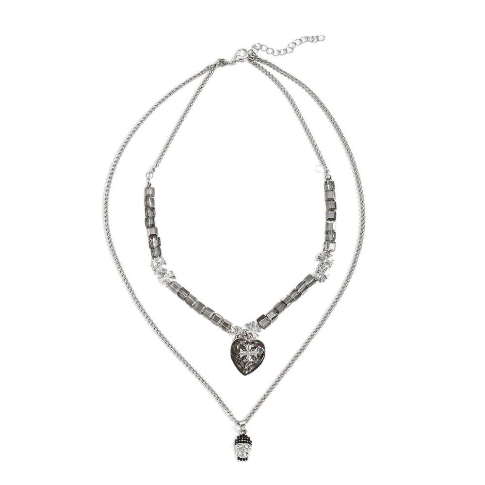 Hip-hop trendy versatile skull pendant necklace - statement layered metal heart cross men's necklace