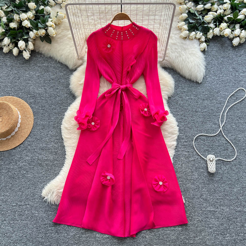Miya pleated european and american dress for women,  autumn fashion, beaded floral detail, tie-waist, elegant pleated maxi dress