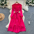 Miya pleated european and american dress for women,  autumn fashion, beaded floral detail, tie-waist, elegant pleated maxi dress