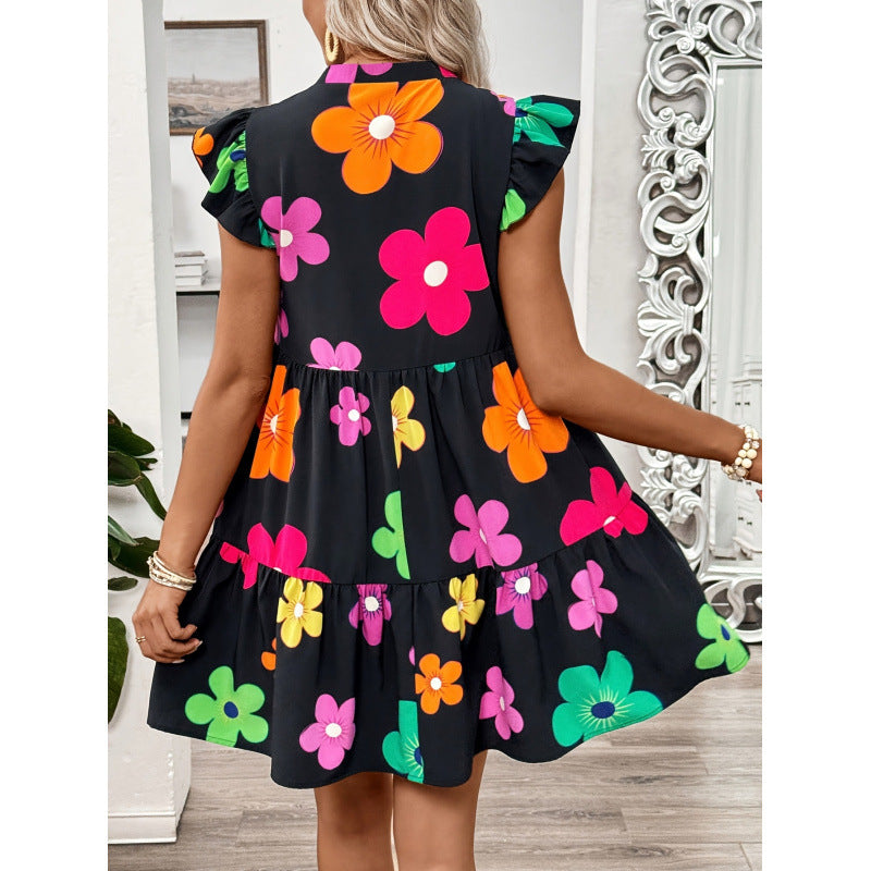 code new arrival  original women's summer vacation style v neckprinting doll dress