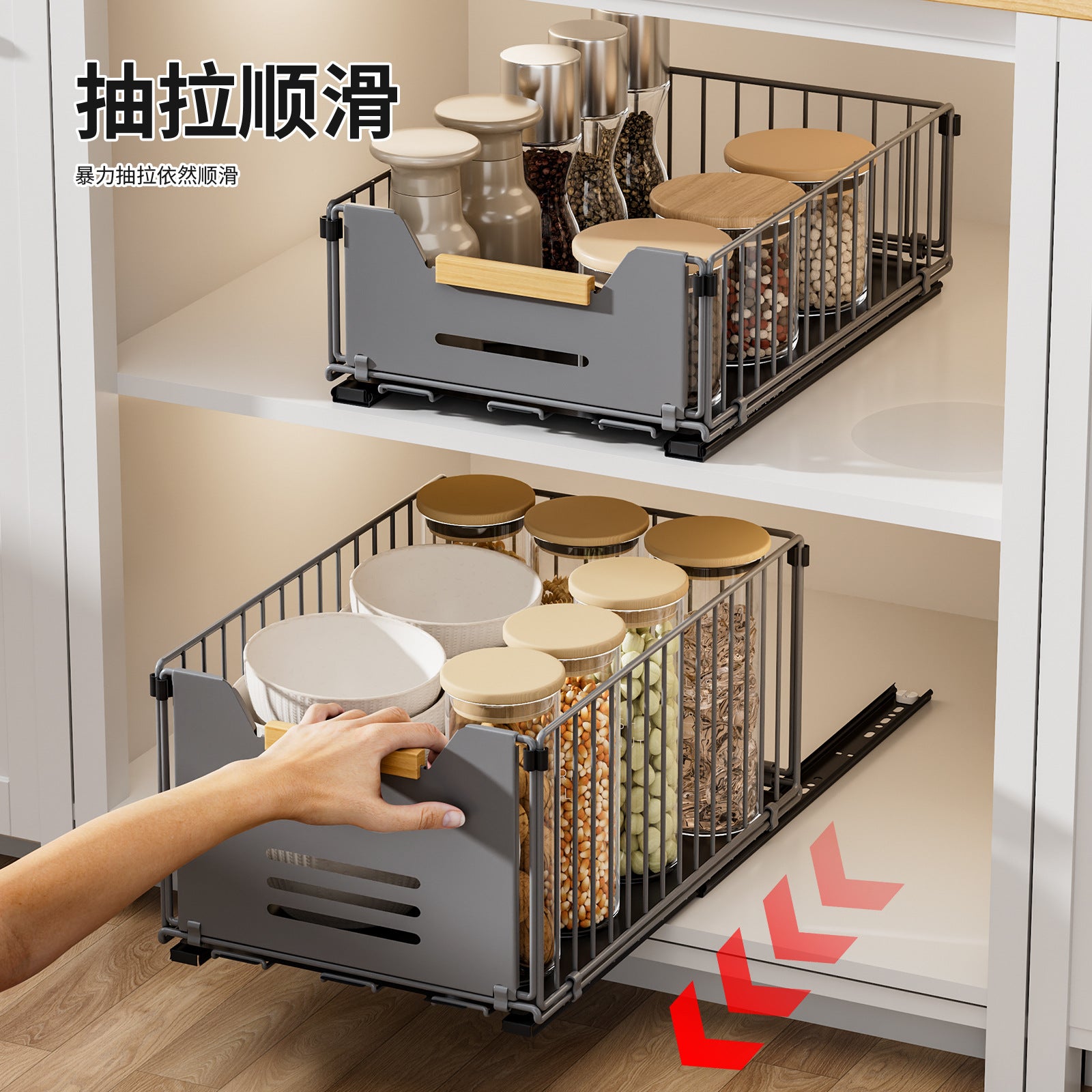 No punching kitchen pull rack under sink pull basket cabinet layered slide rail drawer storage box seasoning rack