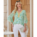 Amazon fashioneleganteleganceflowershirt women's  summer new ruffles sleeve v necktops