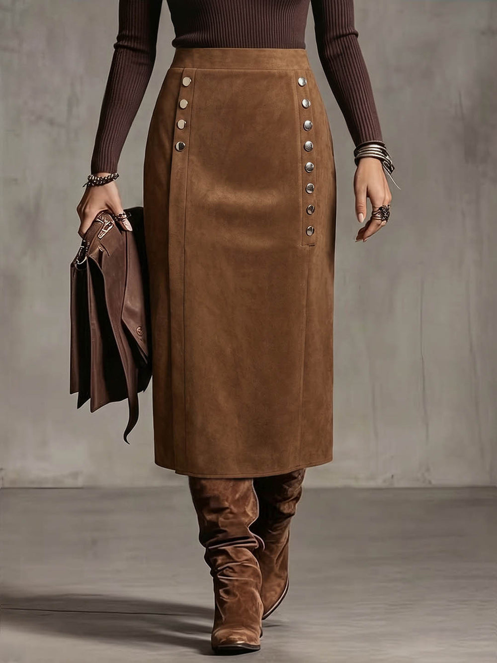 Plus size women's midi skirt - high waist, slit design, metal button detail, vintage style - wholesale