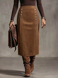 Plus size women's midi skirt - high waist, slit design, metal button detail, vintage style - wholesale