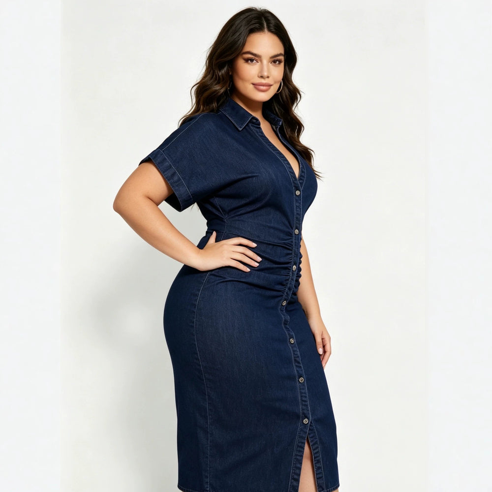 Amazon cross-border fashion: new european and american summer short-sleeve denim button-down dress for women, plus size available