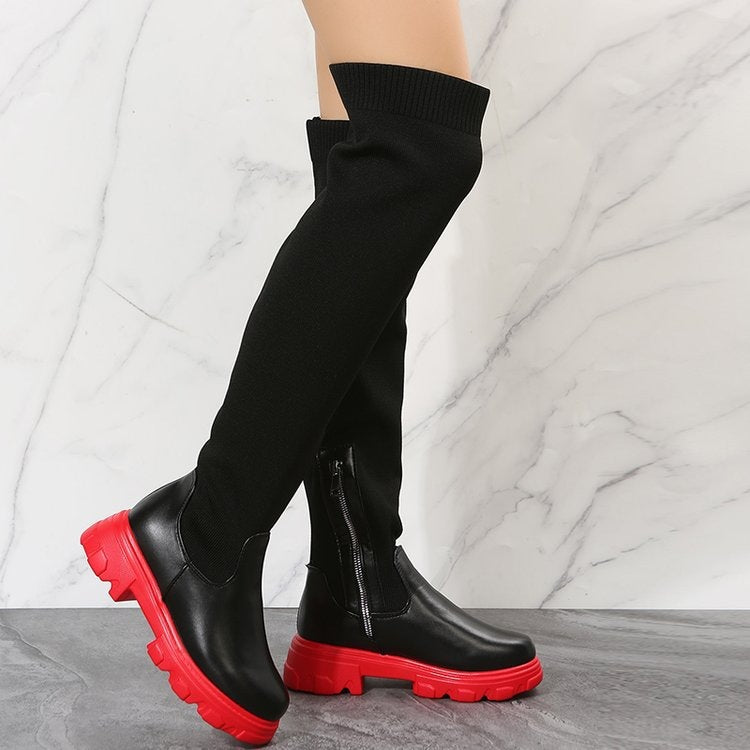 foreign trade women's large size boots fashionnew arrival over the knee round toe fly woven boots women's thick sole boots