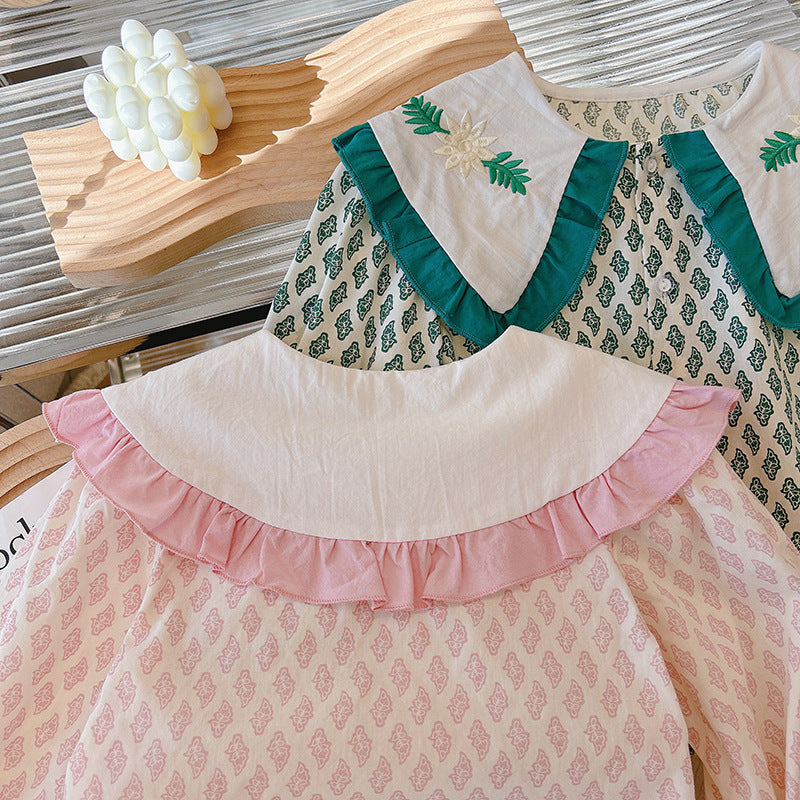Girls' spring/autumn new long-sleeve blouse - stylish embroidered floral design, baby girl fashion, chic peter pan collar, pure cotton