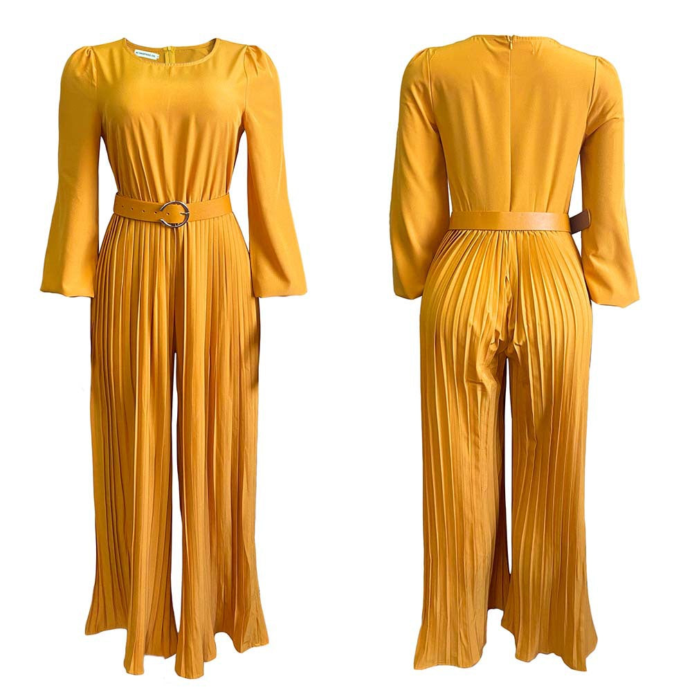 D163  summer new solid color long sleeve pleated european and american plus size women's loose slimming african jumpsuit
