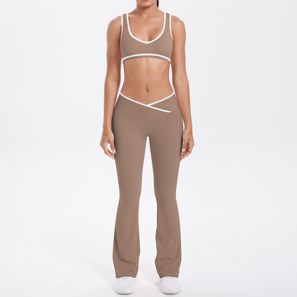 Cross high waist sports suit women's contrast color nude tight yoga clothes quick-drying breathable outdoor running fitness suit