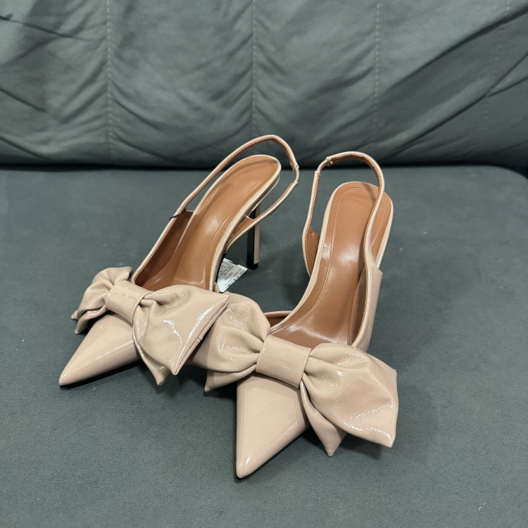 Z's patent leather stiletto sandals for women 2024 spring and summer baotou bows back strap pink high heels flats