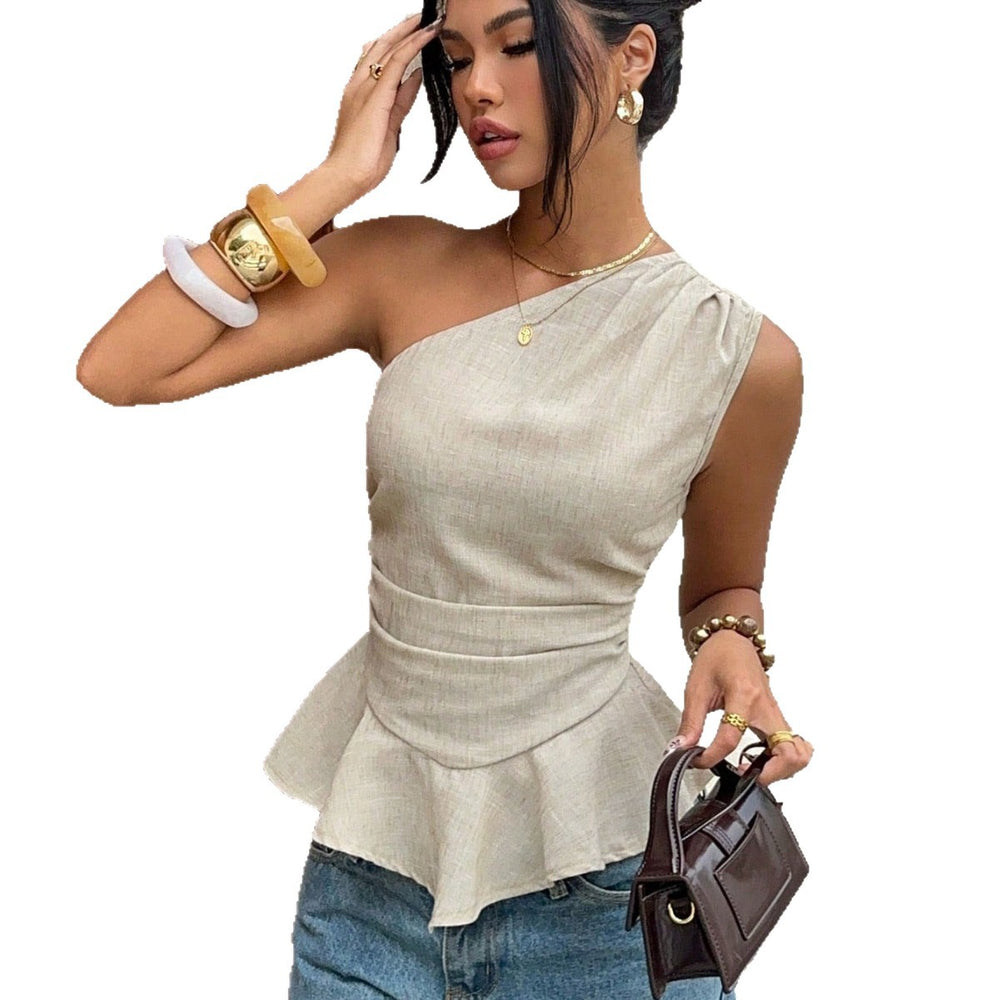 cross-border women's elegant commute one-shoulder ruched waist ruffle hem top - slim fit sleeveless tank top