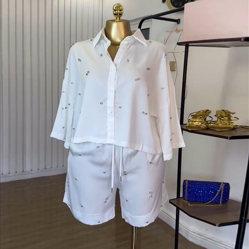 European and american cross-border women's fashion:  summer new arrival - stylish turn-down collar, loose fit, rhinestone-embellished shirt and wide-leg shorts casual set