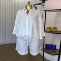 European and american cross-border women's fashion:  summer new arrival - stylish turn-down collar, loose fit, rhinestone-embellished shirt and wide-leg shorts casual set