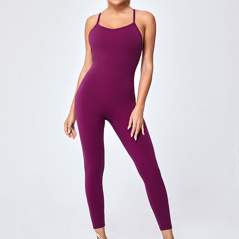 adjustable thin strap elastic one-piece yoga suit with chest pad and nude one-piece fitness one-piece yoga suit