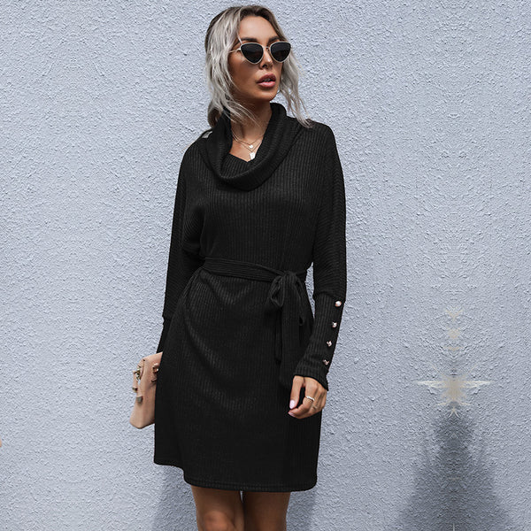 Yanxuan Independent Station  Cross-border Autumn Black Pile Collar Solid Color Bottom Knitted Sweater Skirt Long Sleeve