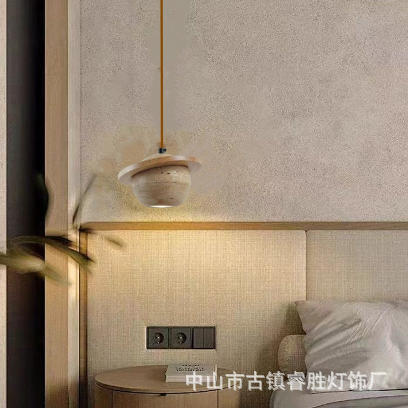 Yellow travertine bedroom bedside chandelier modern minimalist wabi wind Internet celebrity long line single head small hanging lamp bar Zhongshan
