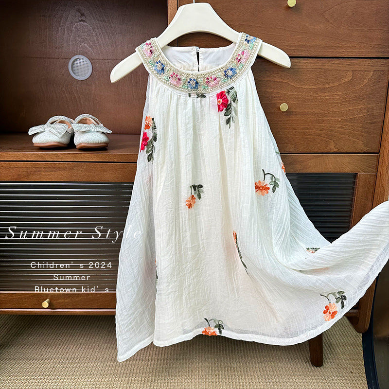 【clearance】girls' dress : stylish baby girl's heavily embroidered korean-style ethnic vest dress