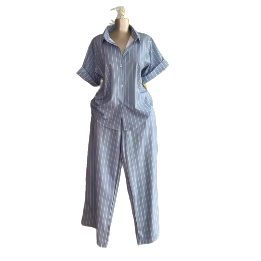 European and american cross-border women's fashion:  summer new arrival - stylish and elegant blue striped short-sleeve shirt and pants set with turn-down collar