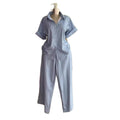 European and american cross-border women's fashion:  summer new arrival - stylish and elegant blue striped short-sleeve shirt and pants set with turn-down collar