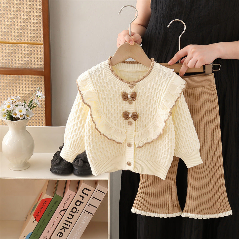 Girls' knit sweater jacket & pants set - new  collection with bow detail