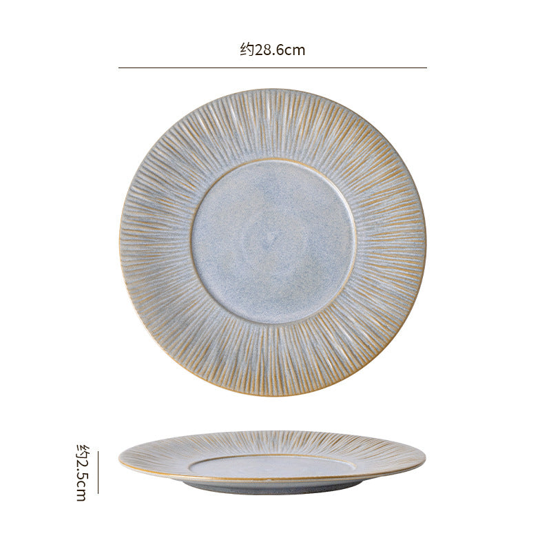 Embossed irregular ceramic steak plate - stylish, high-value, retro striped dinnerware for restaurants and hotels