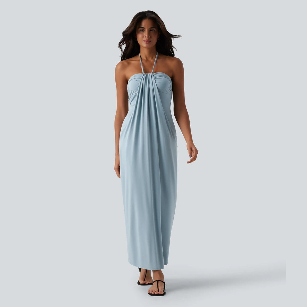 European and american cross-border women's fashion:  summer new arrivals - stylish vacation-inspired solid color halter neck tie-back backless dress wholesale