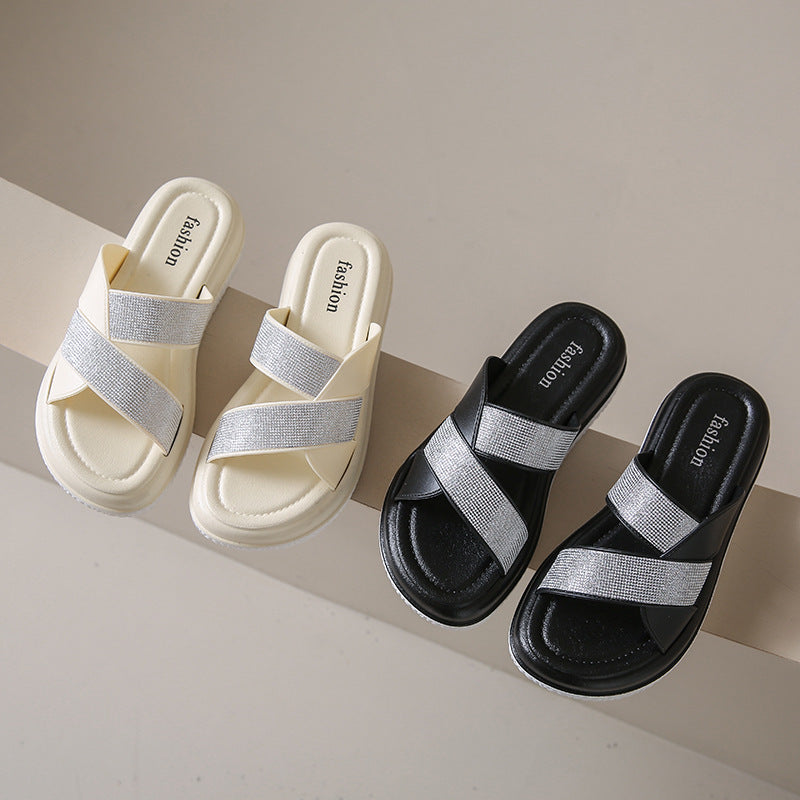 Trendy rhinestone sandals women's summer new thick sole height increasing flip flops beach high-end slippers