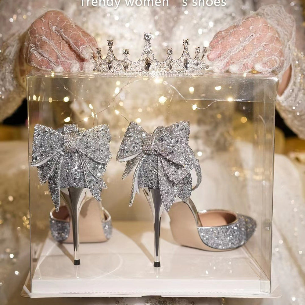 Wedding dress shoes, bridal high heels, wedding shoes, bow shoes, women's stiletto heels, 2025 new high heel sandals, black