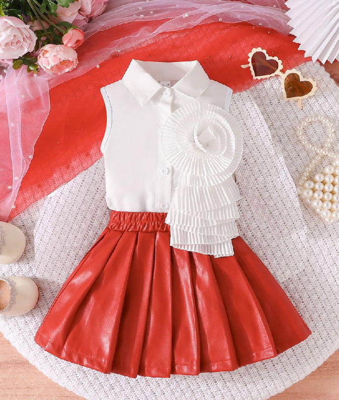 cross-border exclusive: new autumn collection - sleeveless blouse with floral accents + pu leather skirt set - hot seller!